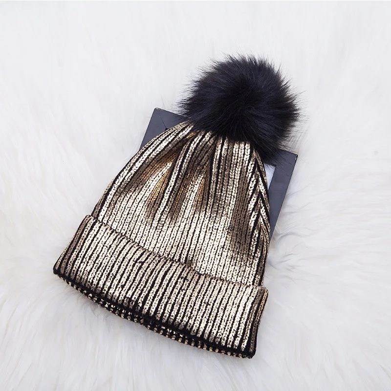 FSHION Knitted Women Beanies Hat Fur Pompom Paillette Bling Hat Winter Girl Keep Warm Bling Beanie Cap Pom Pom Hats