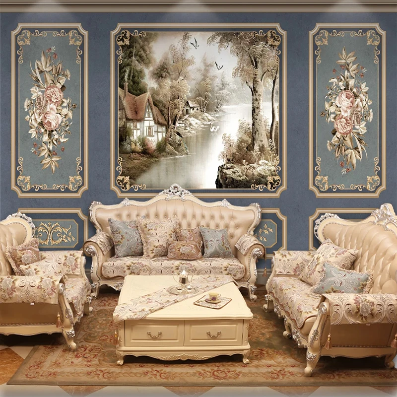 

European Style Retro Wallpaper 3D Art Flowers Landscape Photo Mural Living Room Bedroom Blue Luxury Home Decor Wall Papers 3 D