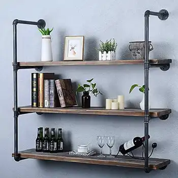 

2Pcs 4 Tier Industrial Retro Iron Pipe Shelf Wall Mounted Bookshelf Storage Shelves Bracket for Home Living room Decor 90x28cm