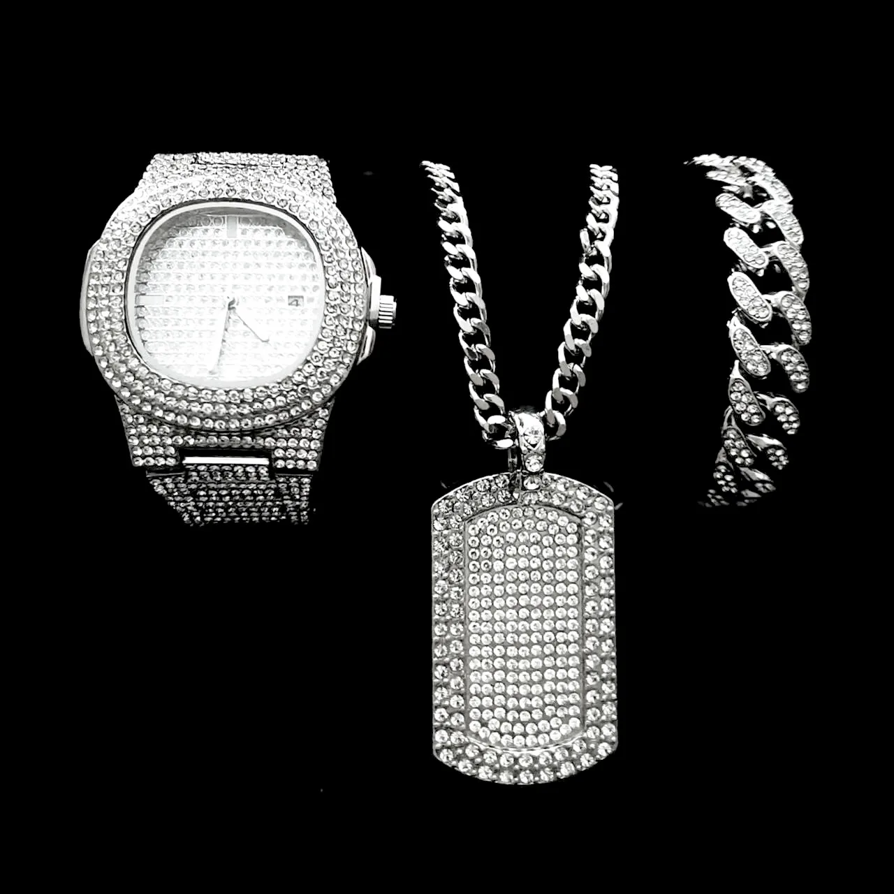 Watch Necklace Bracelet for Men 3pcs/set Luxury Iced Out Watch Men Bling Cuban Chains Square Pendant Gold Mens Watches Relojes