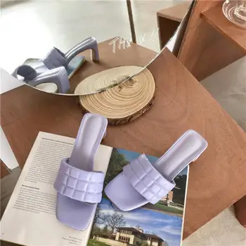 

Mule Heels Women Sandals Ladies High Heel Slippers Purple Color Open Toes Thick Heel Fashion Female Slides Summer Shoes