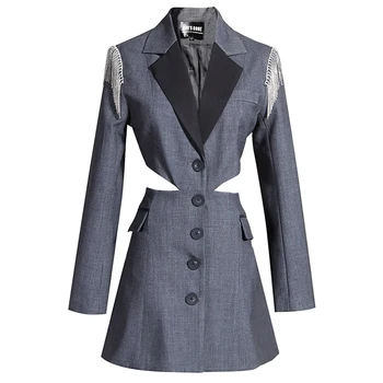 

Blazer Dress Spring Autumn Diamonds Tassels Hollow Out Long Sleeve High Street Dress 2020