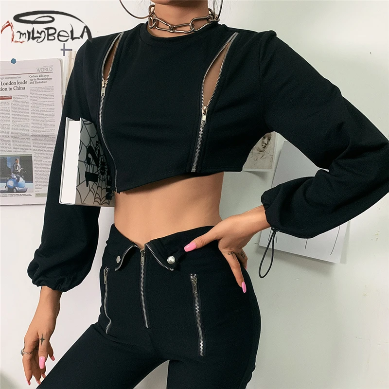 

ImilyBela Casual Drawstring Hollow Out Sweatshirt Women Sexy Asymmetrical Zipper Long Sleeve Pullover Autumn Crop Top Streetwear