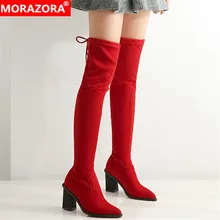 MORAZORA/ г. Большой размер 43, ботфорты выше колена женские осенне-зимние высокие сапоги из флока на шнуровке женские эластичные сапоги на высоком каблуке