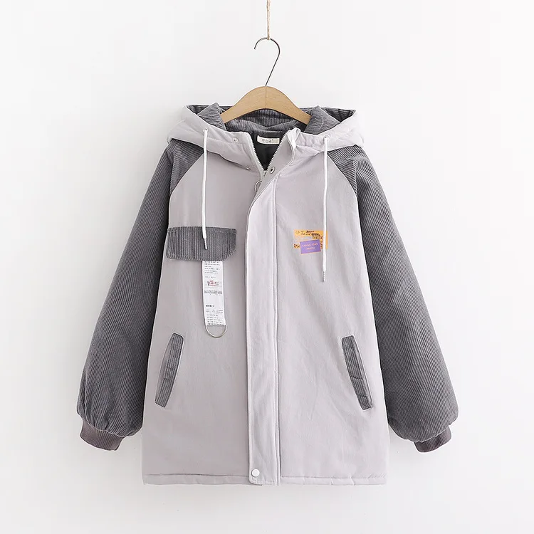 

Large Cargo Corduroy Joint Cotton-padded Clothes Autumn And Winter New Style Japanese-style Mixed Colors Zipper Hooded Cotton Co