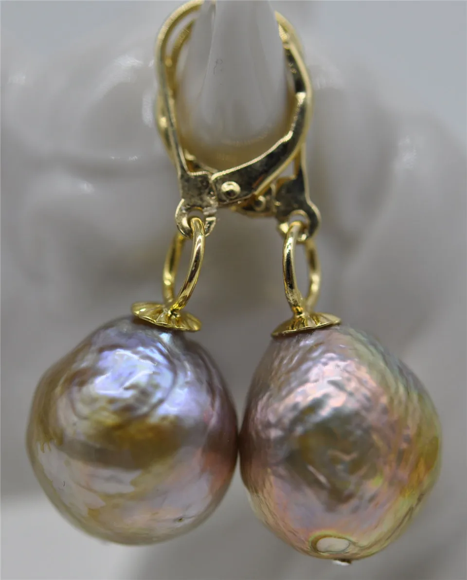 

HABITOO 13x14mm South Sea Gold Purple Baroque Pearl Earrings 14K YELLOW GOLD Ladies Pearl Earrings Jewelry Gift for Women