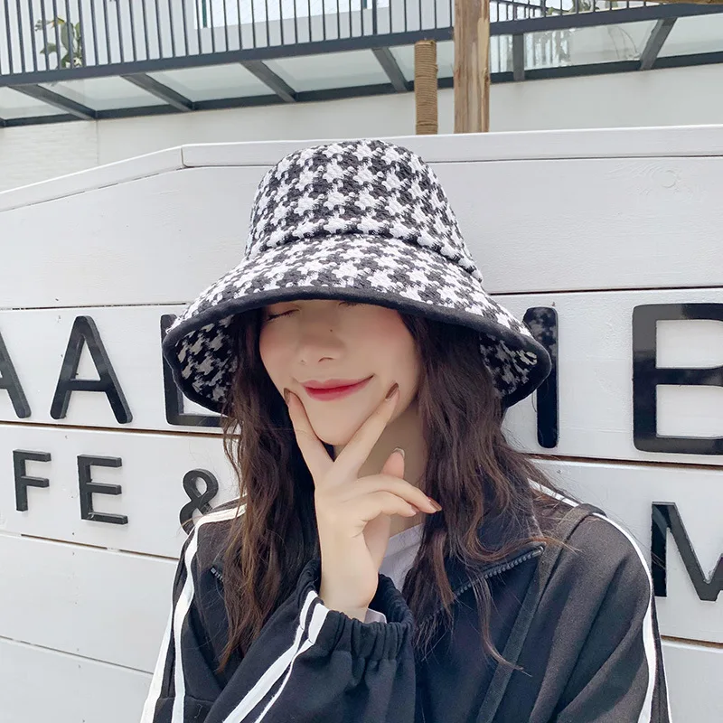 USPOP spring autumn hats women Black white plaid hats female tweed plaid bucket hats