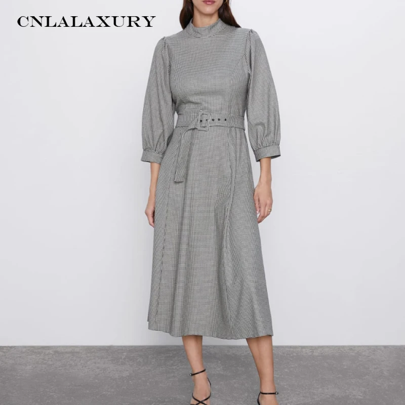 women vintage houndstooth plaid midi dress sashes three quarter sleeve female office long dress Robe femme maxi dresses vestidos