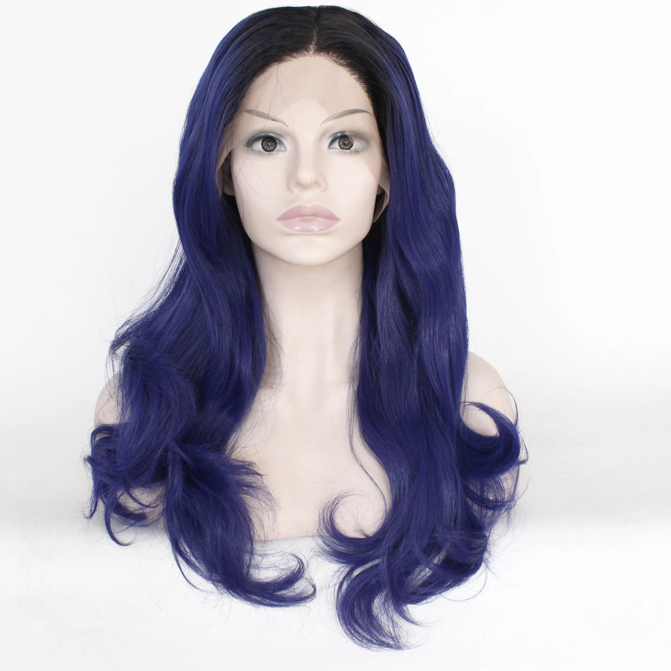 Смешанный Blue13x3 синтетический парик фронта шнурка длинные волнистые Омбре синие темные корни 2 тона волос бесклеевая Высокая температура
