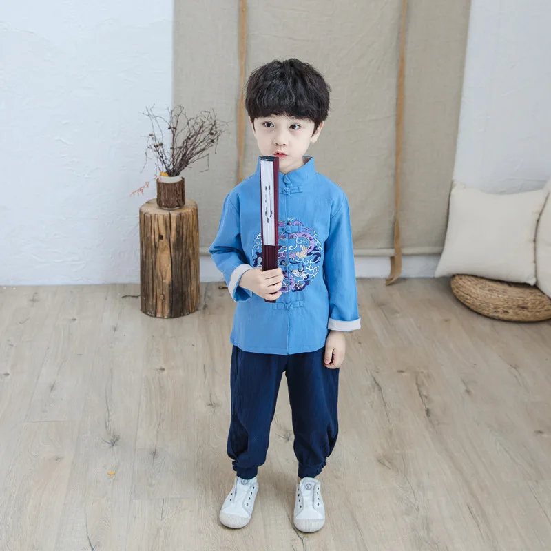 2-8Yrs с вышивкой «восточные одежда с драконом, Комплект для мальчика, Топы с длинными рукавами и штаны, костюмы для детей, Демисезонный осень в стиле костюма эпохи Тан наборы для ухода за кожей - Цвет: blue set