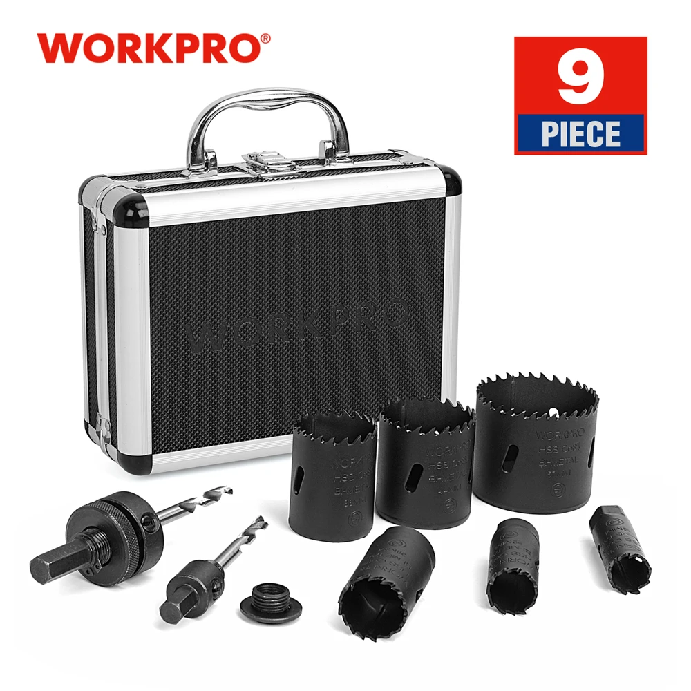 

WORKPRO 9-piece HSS Core Drill Bits Universal Hole Saw Set High Speed Steel Carbide Tip Hole Saw Tooth for Wood Metal