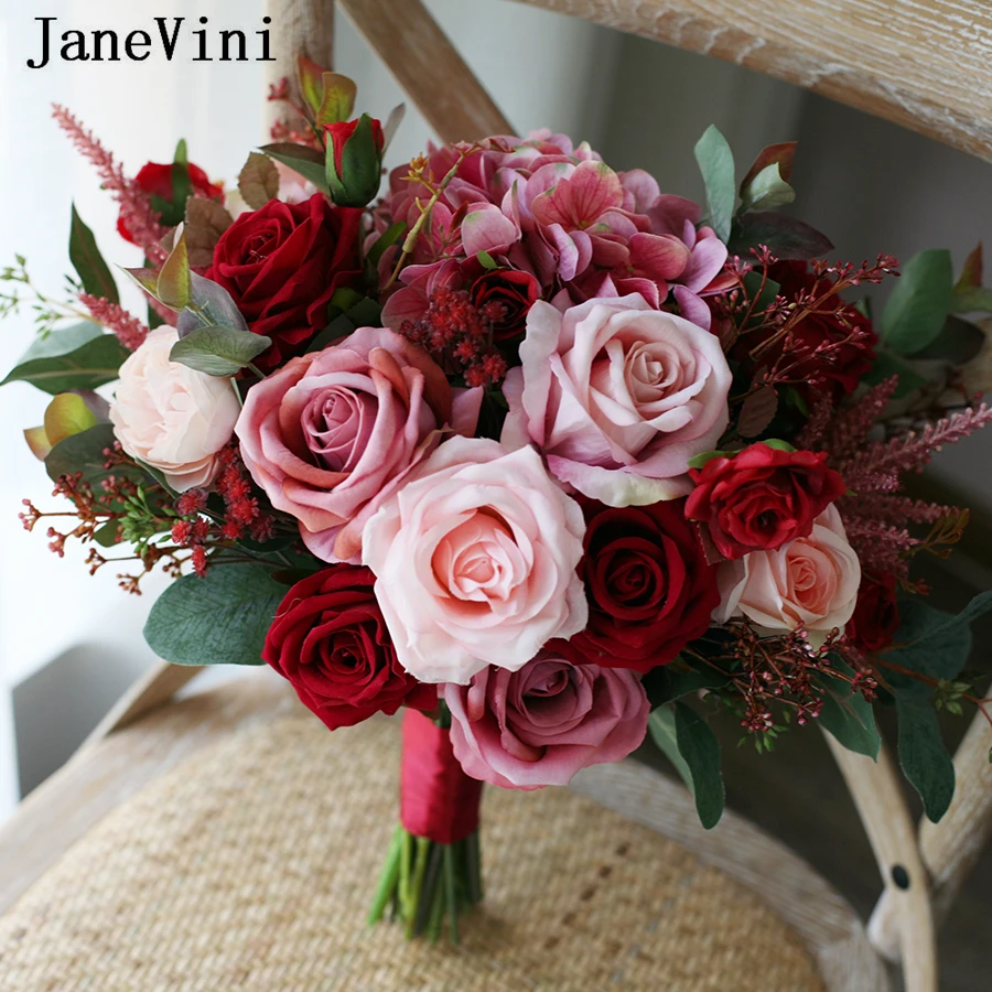 JaneVini Romantic Artificial Wedding Bouquets Bridal Wine Red Flower Bridesmaid Silk Rose Eucalyptus Leaves Bouquet De Mariage