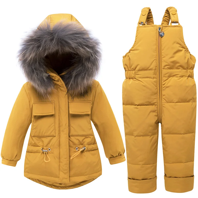 Детская одежда на пуху теплая куртка пальто с меховым воротником и комбинезон зимняя одежда для мальчиков и девочек от 1 до 4 лет, комплект зимней одежды для малышей