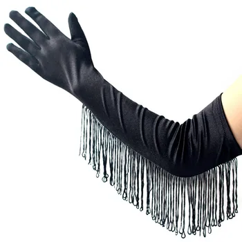 

New Fashion Satin Tassels Long Gloves Women Opera Evening Party Costume Gloves Dance Performance Mittens Black White Red