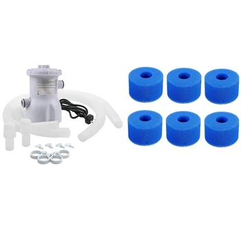 

6Pcs for Intex Reusable Washable Foam Hot Tub Filter with 220V Electric Filter Pump Swimming Pool Pump Kit EU Plug
