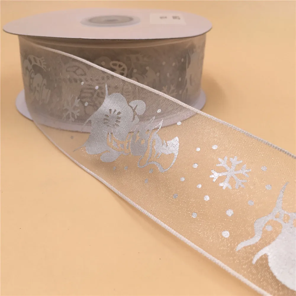 

38MM 25yards Wired Edge Silver Snowman Organza Sheer Ribbon for Festival Christmas Decoration New Year Gift Wrapping