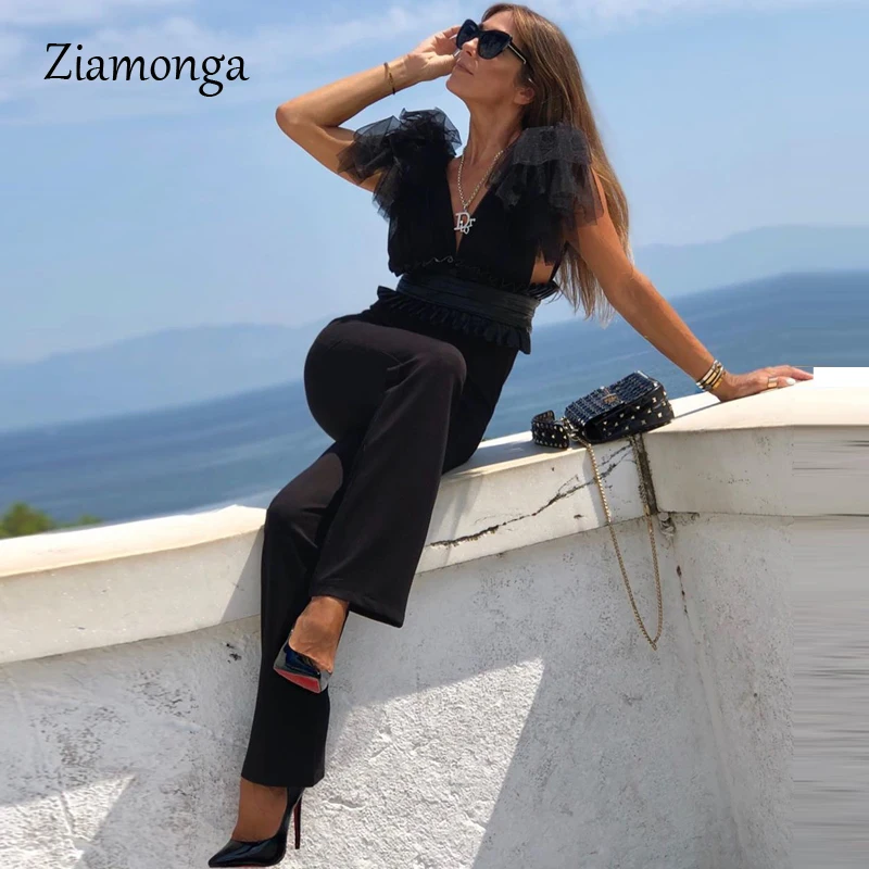 Ziamonga Модный комбинезон с бантом из искусственной кожи, сексуальный комбинезон без рукавов с v-образным вырезом, широкие штаны, женские комбинезоны