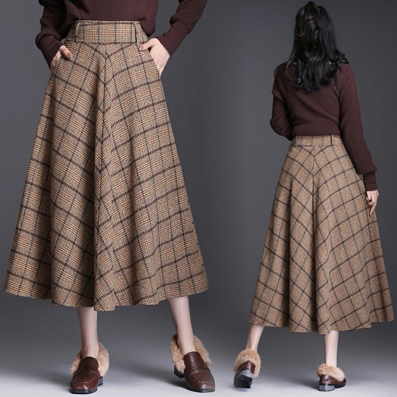 

2019 New Autumn Winter Maxi Skirts Plaid Women High Waist A-line Skirt Plus Size 3xl Female Long Skirts work skirt