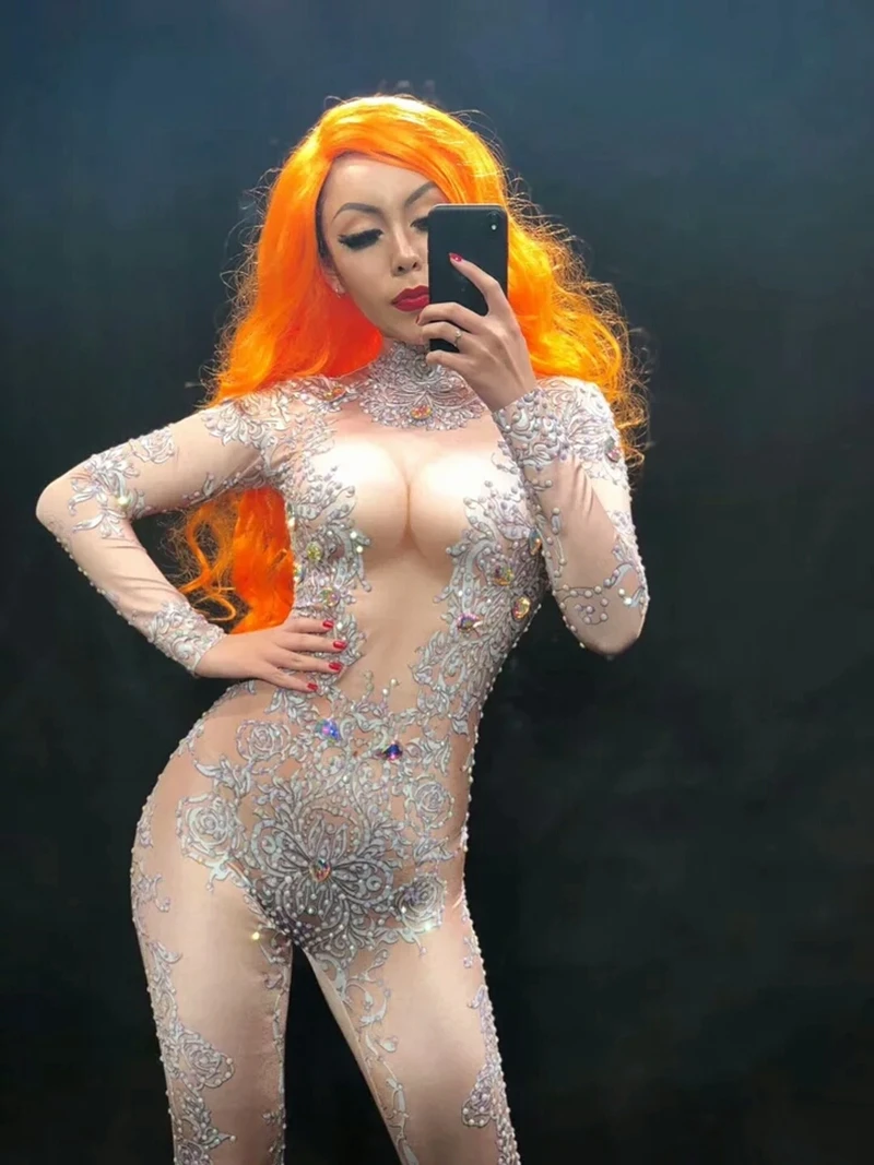 Для женщин узор сексуальный комбинезон с блестящими стразами боди Bling Костюмы для ночного клуба вечерние певица сценический костюм Стразы платье