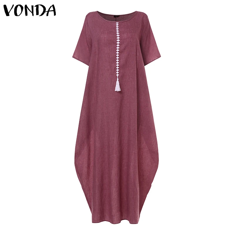 VONDA женское Макси длинное платье летнее нерегулярное платье с коротким рукавом vnantage плюс размер сексуальное однотонное Vestido Повседневный свободный Сарафан - Цвет: Красный