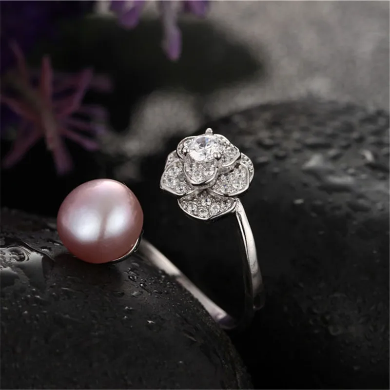 Dainashi Elegant AAAA Freshwater Cultured Pearl Ring 925 Sterling Silver Flower Crystal Zircon Open Adjustable Ring for Women