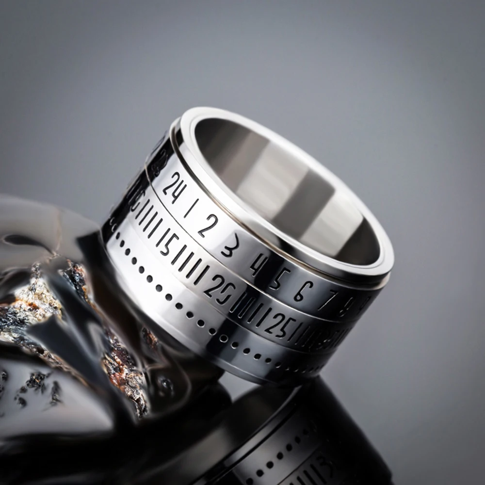 

Shengmei Hot Selling 316L Stainless Steel Unique Rotating Ring Date Time Calendar Rotating Men's Ring Jewelry Gold Silver Black