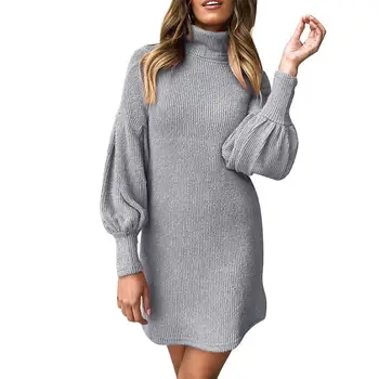 

New Women's long pullover sweater 2019 Women Autumn Winter Warm Solid Color High Round Collar Long Lantern Sleeve Dress Sweater