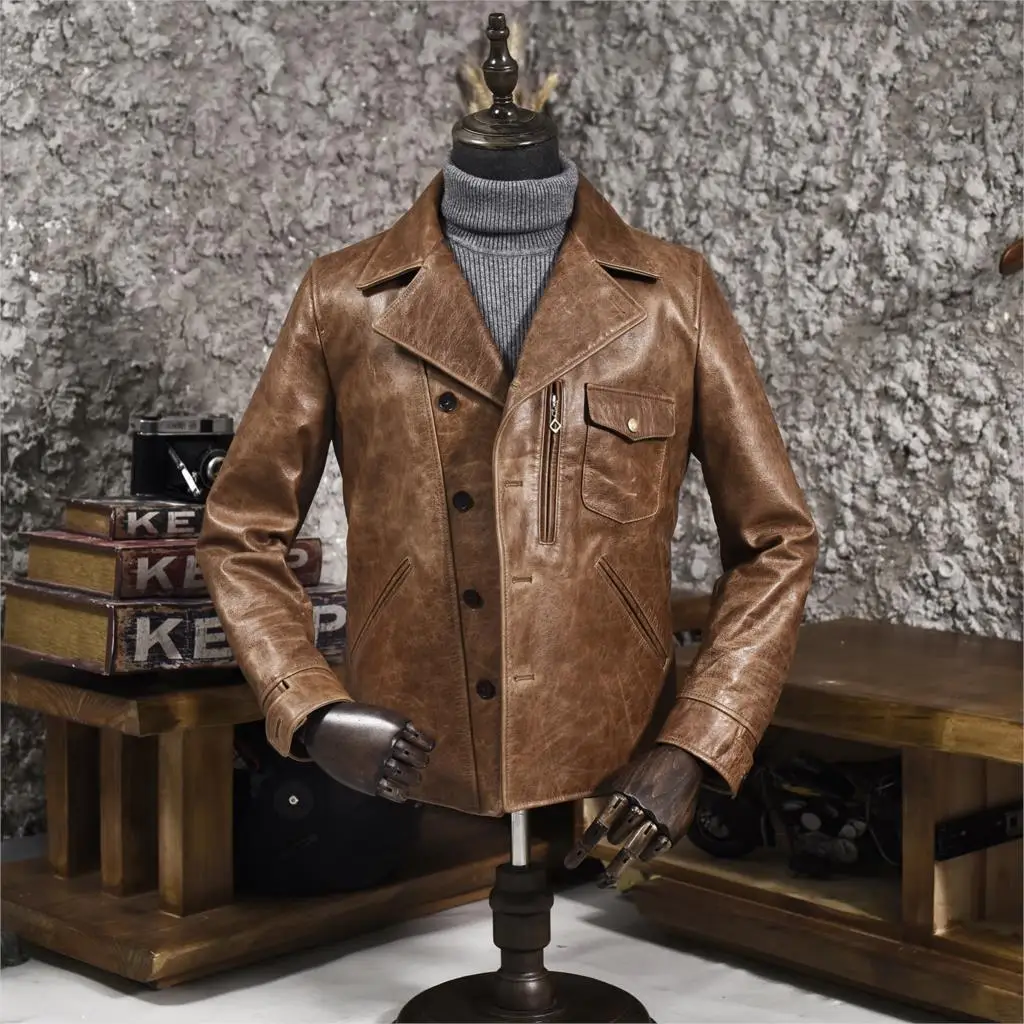 

2020 men's vintage oil wax cow lapel short motorcycle jacket single breasted brown biker leather coat for male