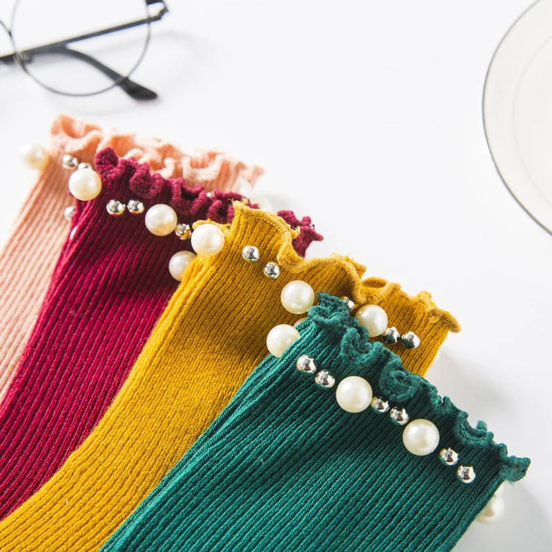 Осенние и зимние корейские креативные женские носки в японском стиле с деревянными ушками и жемчужинами в длинном бочке, Двухштырьковые ворсовые Носки