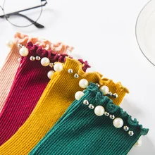 Осенние и зимние корейские креативные женские носки в японском стиле с деревянными ушками и жемчужинами в длинном бочке, Двухштырьковые ворсовые Носки