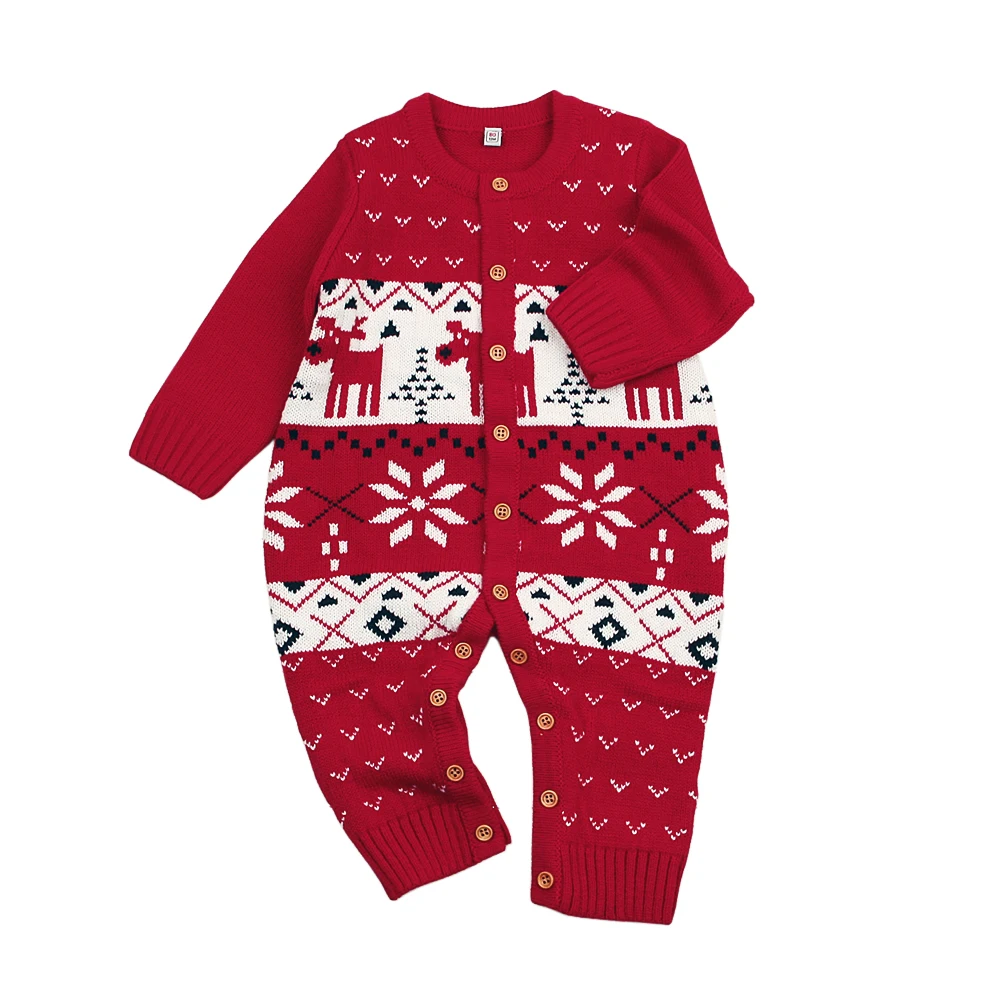Рождественский вязаный шерстяной комбинезон для новорожденных девочек, комбинезон, детские пижамы, хлопковые зимние комбинезоны для девочек на Рождество - Цвет: Красный