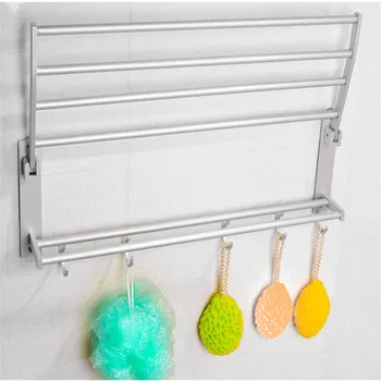 

Hot 40/50/60cm Space Aluminum Double Towel Rack With 5 Hooks Foldable Towel Kitchen Bathroom Shelves PLD
