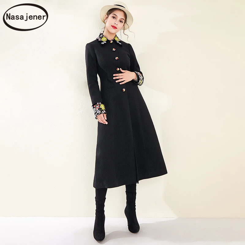 Осень и зима новое черное Модное Элегантное темпераментное миди длинное тонкое женское Шерстяное Пальто с вышивкой и длинными рукавами