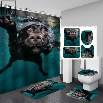 

Funny Swimming Dog Shower Curtain Set Bathroom Waterproof Bathtub Screen with Anti-slip Bath Mat Flannel Door Mats Kitchen Rugs