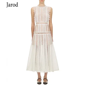 

Summer Women Elegant O-neck Sleeveless White Lace Dress 2020 Self portrait Designer Vintage Hollow Out Slim Dress