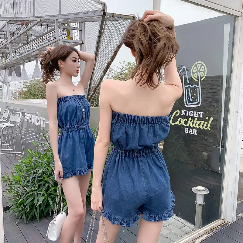 2020 New Summer Jumpsuits Denim Blue Combinaison Sexy Tube Top High Waist Korean Fashion Clothing Casual Wide Leg Shorts Fungus | Женская