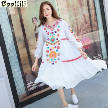 

Boollili 2020 Ethnic Summer Bohemian Beach Dress Women Cotton Embroidery White Party Vintage Dresses Loose Casual Vestidos