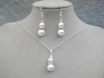 

Pearl Diamante 18" Necklace Earrings Jewelry Set Bride Bridesmaid Silver Gold 3A