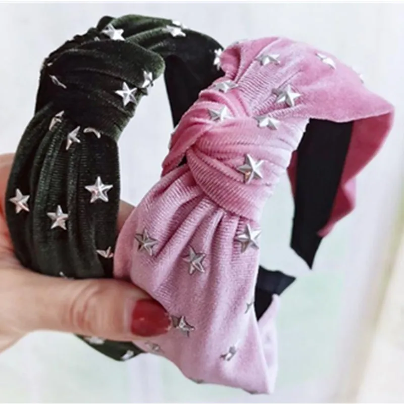 

Women Pink Velvet Headbands with Metal Stars Solid Velvet Hairabnds Knotted Center Not Slip Adults Winter Headbands Hair Hoop