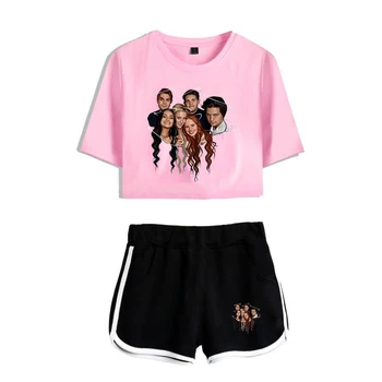 

Summer casual print Riverdale Exposed Navel pink t shirt +black shorts women's two-piece sets Fashion women's/girl's pretty sets