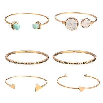 

6pcs/sets Bohemian Bracelet Set for Women Small Heart Letter Triangle Pattern Natural Stone Bangle Boho Jewelry Party Bangle