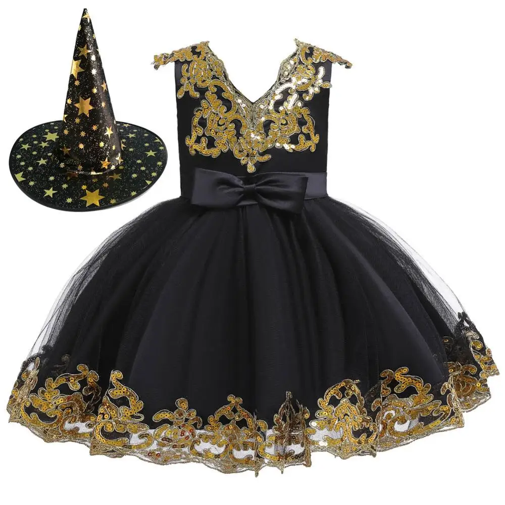 Новинка года; Детский Рождественский костюм на Хеллоуин; платье-пачка без рукавов с цветочным рисунком для девочек; платье принцессы с большим бантом и блестками - Цвет: Black
