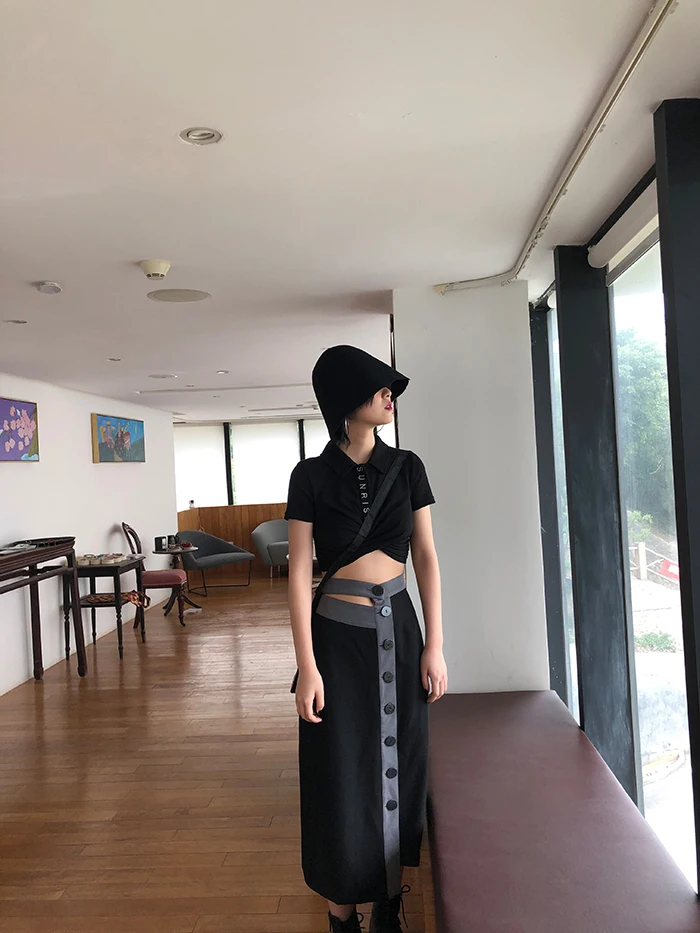 [DEAT] Knited Multi-buckle Hit Color High Elastic Waist Half-body Skirt Women Fashion Tide New Spring Summer 2020 13T204