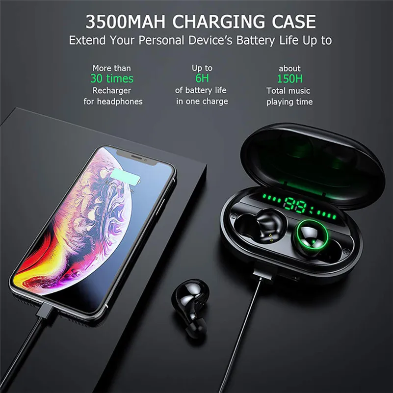C5S IPX8 Waterproof TWS bluetooth 5.0 Earphone Wireless Earbuds 3500mAh Power Bank Headset Smart Touch with Mic