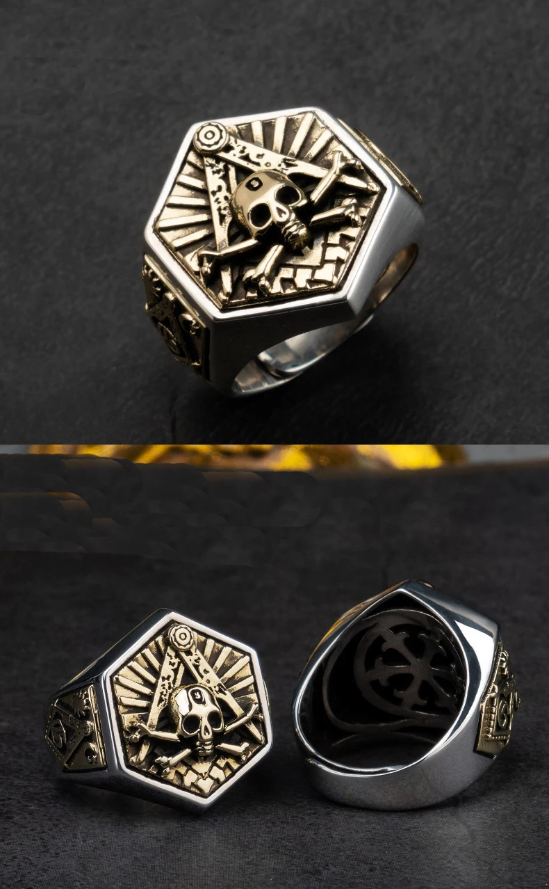 Real 925 Sterling Silver Men`s Skull Symbol Mason Freemasonry Masonic  Jewelry Gift A4522