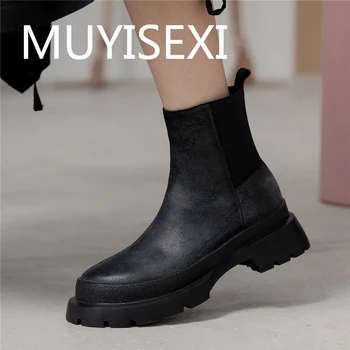 

Black genuine leather fashion 4cm med heels round toe winter slip on concise simple style keep warm ankle boots HDZC03 MUYISEXI
