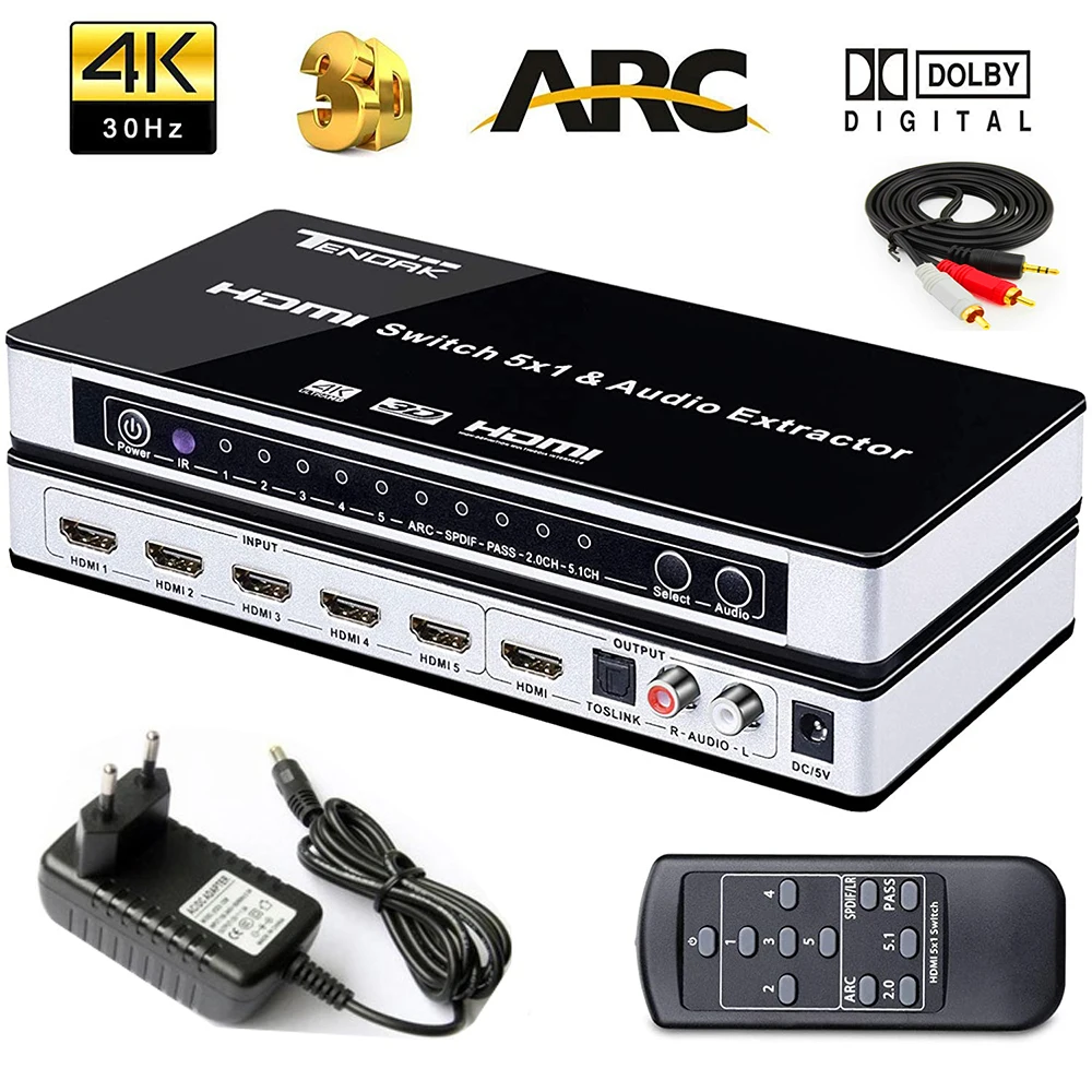 Venta caliente Conmutador HDMI 4K auténtico 5x1 con selector de audio, con mando a distancia HDMI 5 en 1, salida 1,4 V para PS4,HDTV,DVD,STB, etc. Ma5NOedA9