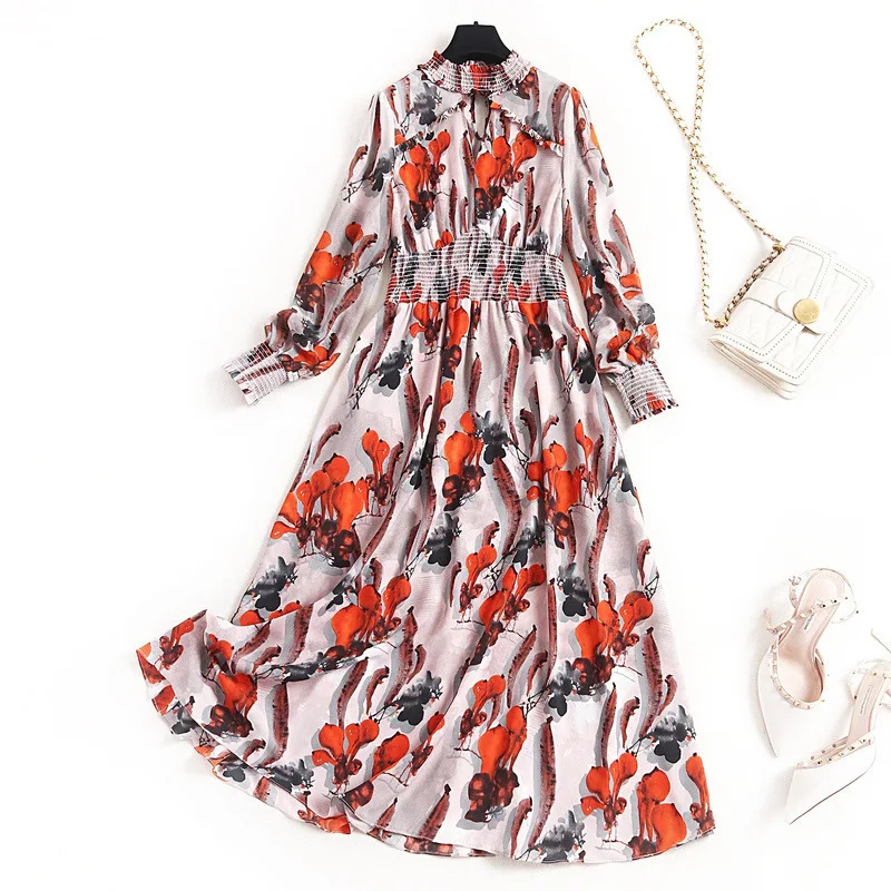 

Women Casual Dress with Flower 2020 Spring Hollow Out Mid-Calf Print Bohemian O-Neck Great Women's Clothing New Dresses 2020