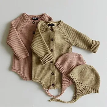 

Autumn Winter New Toddler Baby Boy Girl Knitted Bodysuit Infant Jumpsuit Knitwear Outfits Newborn Baby Sweater And Baby Knit Hat
