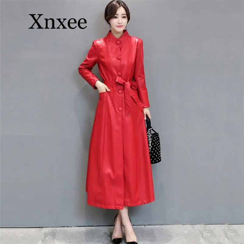 

Женская кожаная куртка с красным поясом, корейское однобортное пальто до щиколотки, длинная куртка из искусственной кожи, Осень-зима